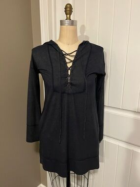 Navy Blue Lace-Up Hoodie Tunic
